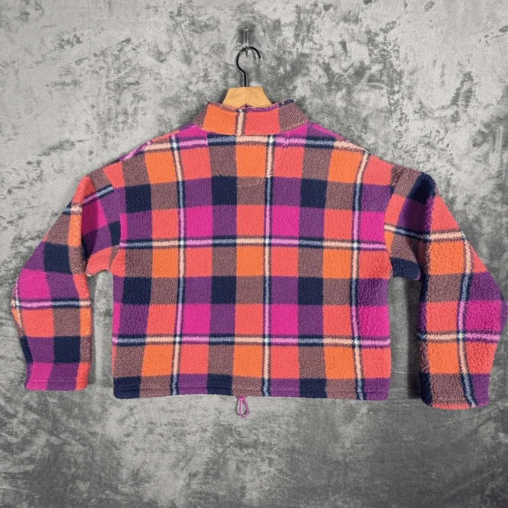 American Eagle Womens Fleece Pullover M Multicolor Plaid Quarter Zip Cropped - Picture 3 of 7